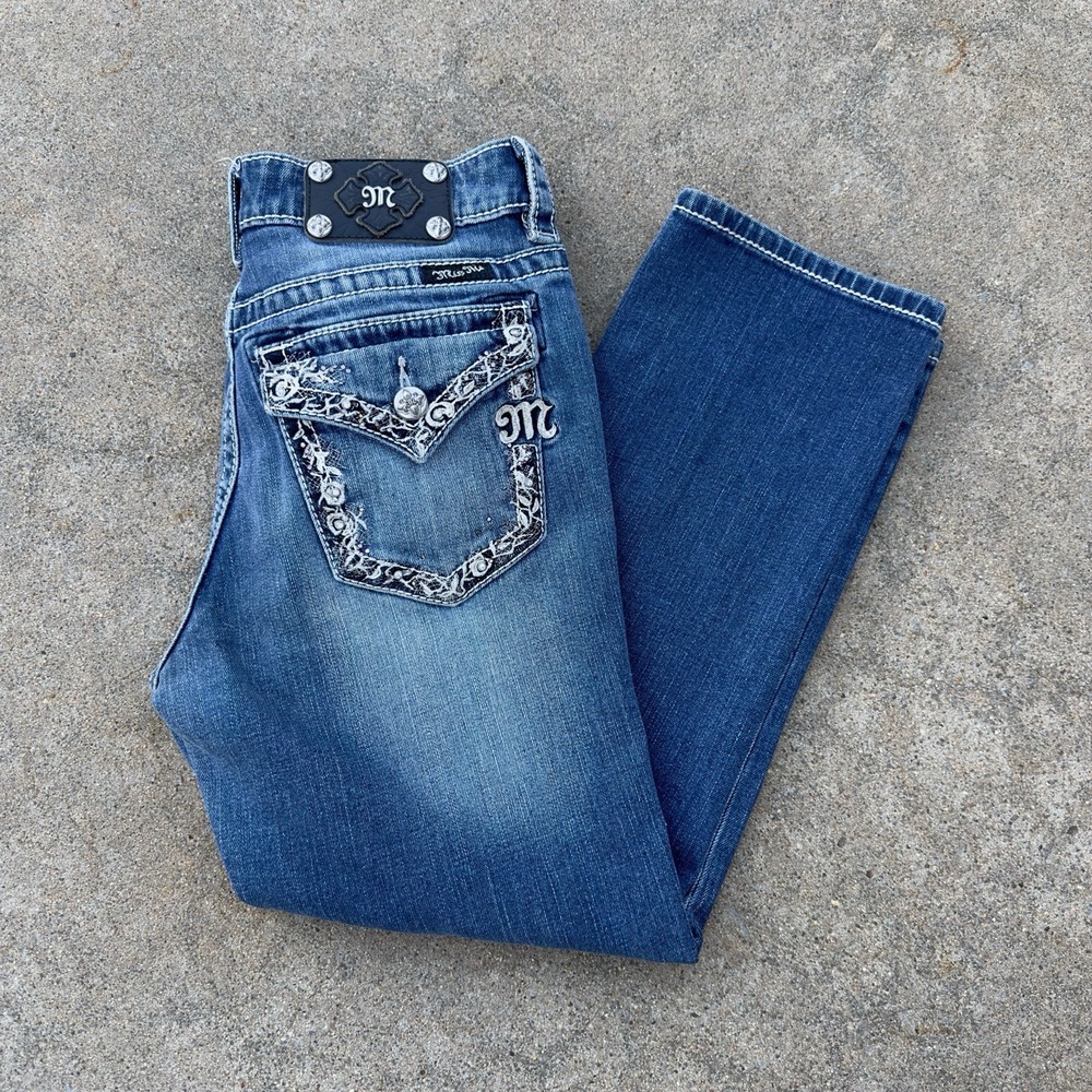Miss Me Jeans Women's 27 (29x25)‎ Med Wash Boyfriend Capri Flap Pocket Bling Y2K